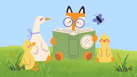 A fox reading to three ducks