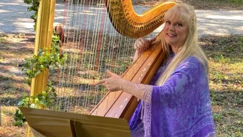 Woman wearing a purple shawl playing a concert harp.