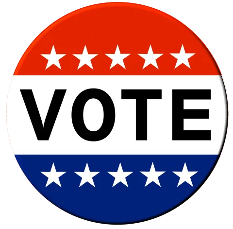 Red, white, and blue circle that reads VOTE