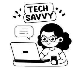woman helping fix computer with words tech savvy