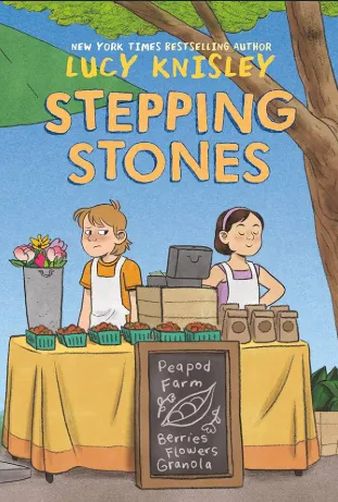 Cover of book called Stepping Stones with two girls standing at a farmer's market stand with their backs to each other. 