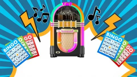 Colorful illustration featuring a retro jukebox in the center, flanked by musical notes and yellow lightning bolts on each side. Surrounding the jukebox are colorful bingo cards labeled "BINGO" with numbers in red, blue, and green.