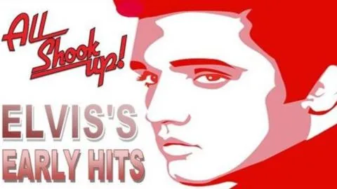 Stylized red and white illustration of Elvis Presley's face with the text "All Shook Up!" in a retro font above, and "ELVIS'S EARLY HITS" in bold letters below.