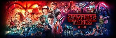 A banner of characters from the show "Stranger Things"