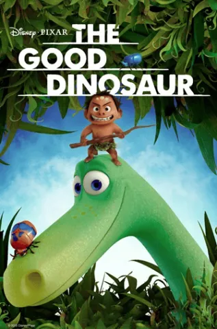 The text Reads "Disney Pixar, The Good Dinosaur". A young boy on the head of a Apatosaurus. 