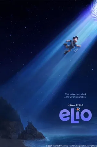 The Text reads "Pixar's Elio". A boy being transported into a spaceship.