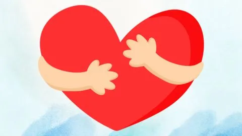 A bright red heart being wrapped by two cartoon arms, as if giving a hug.